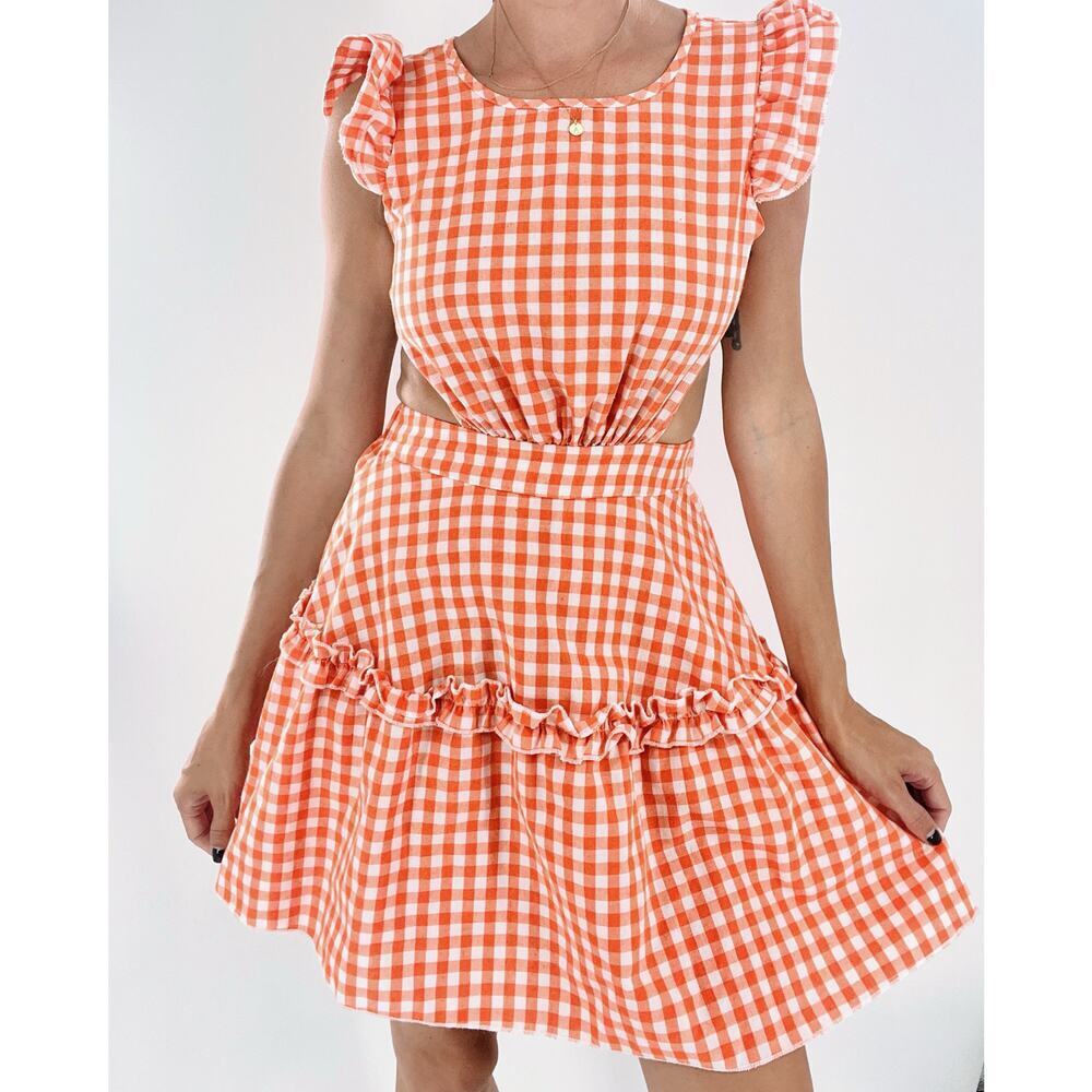 Women’s Orange Gingham Cut Out Open Back Tie  Ruffle Dress Size XS